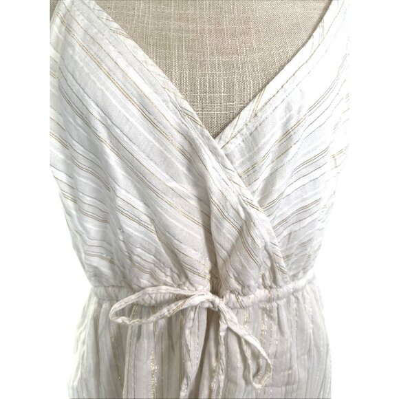 Loft White Dress With Gold & Silver Metallic Lines Drawstring Waist Sleeveless S - Picture 2 of 10